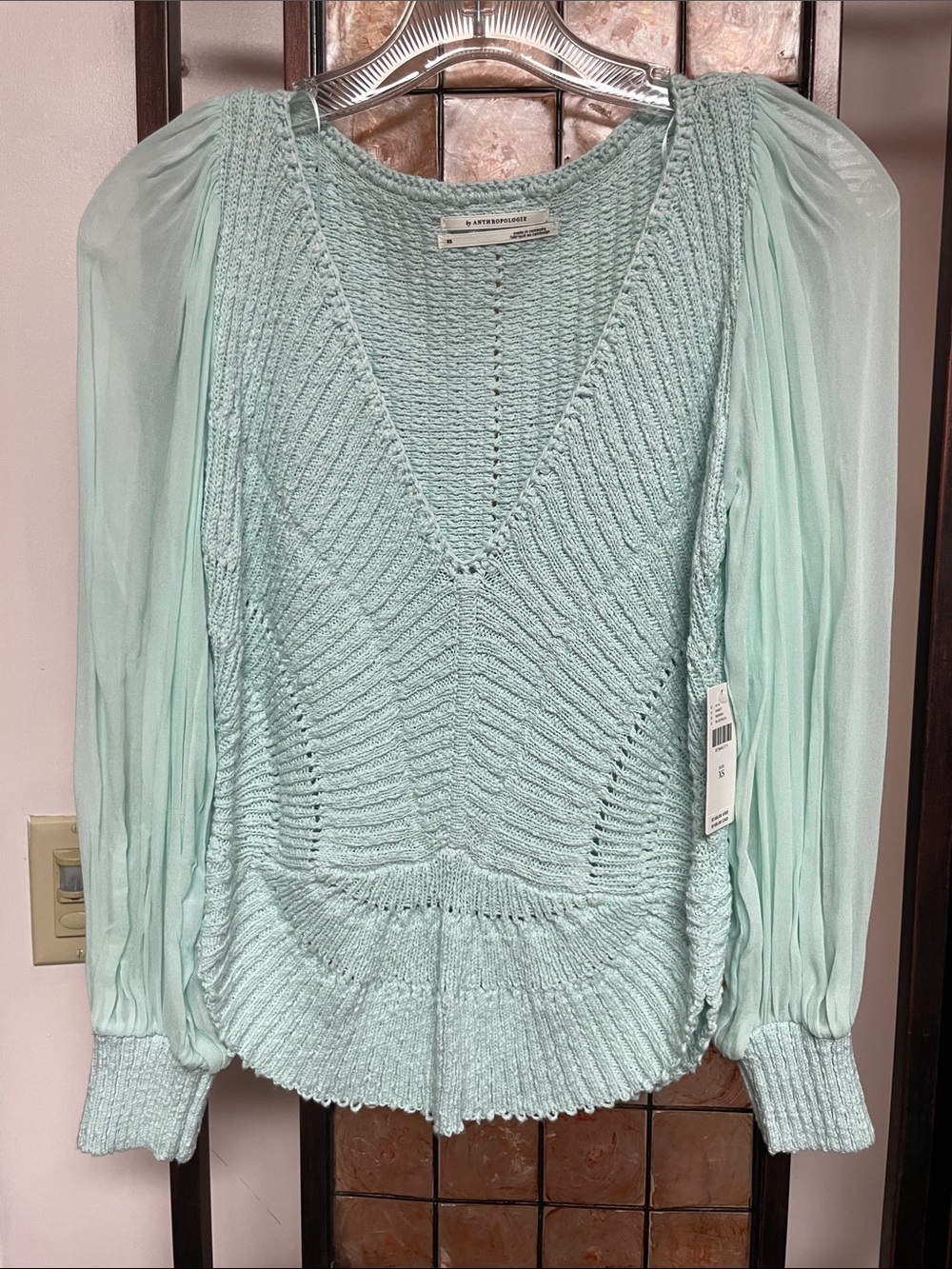 Anthropologie Mint Sheer-Sleeve V-Neck Knit Sweater